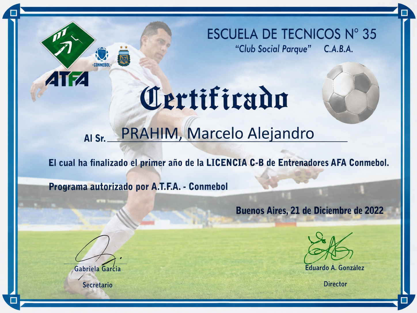 Certificado de Marcelo Alejandro Prahim de la Escuela de Técnicos N.º 35